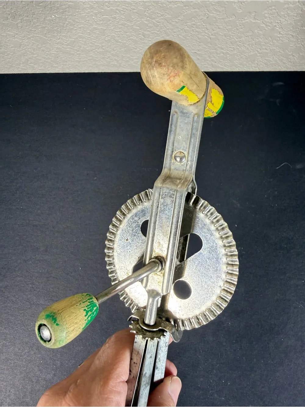 Vintage Hand Crank Egg Beater with Yellow-Green Handles